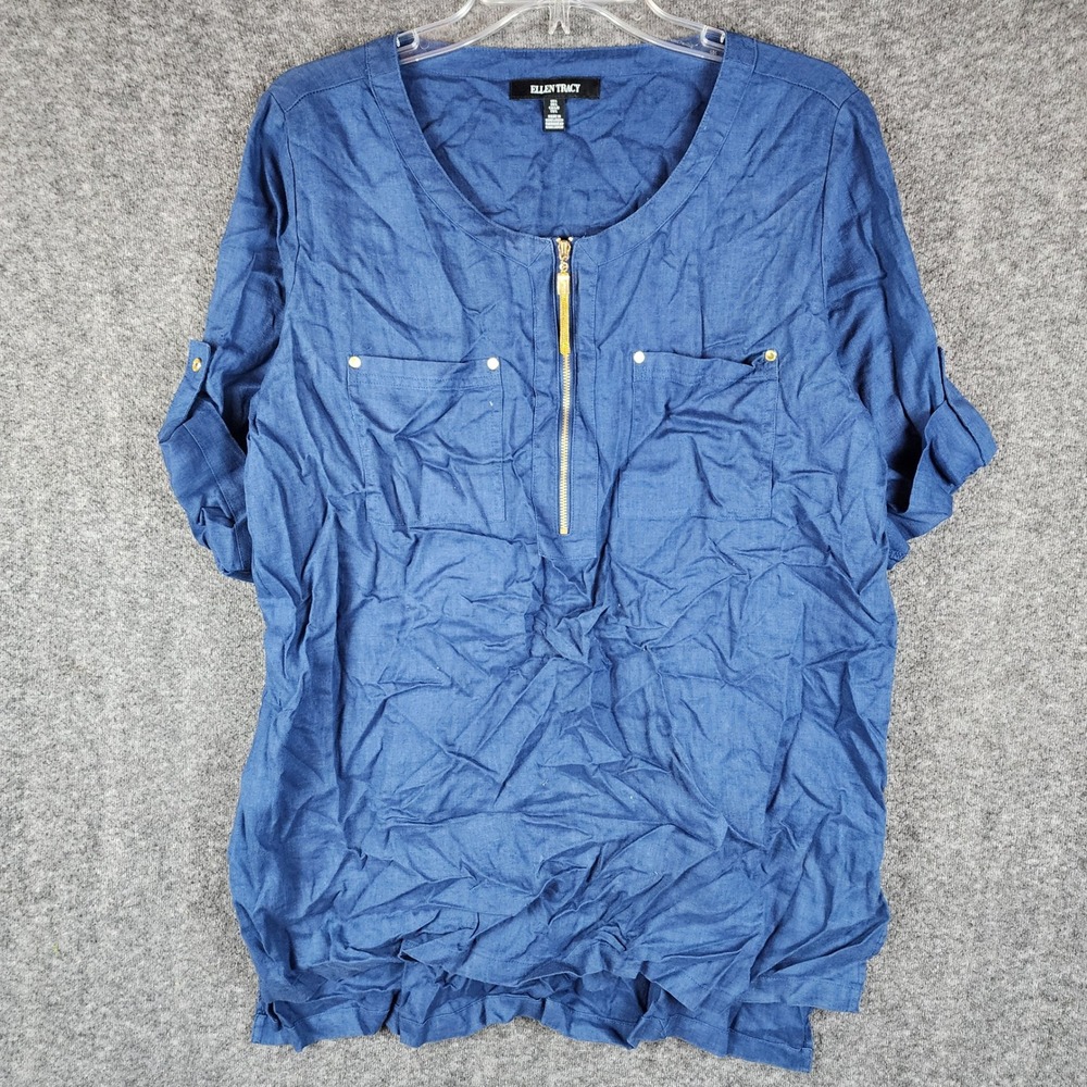 Ellen Tracy Top Womens L Linen Blue Half Zip Roll Tab Sleeve Utility EUC